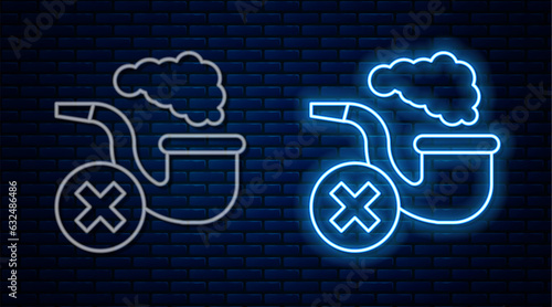 Glowing neon line Smoking pipe with smoke icon isolated on brick wall background. Tobacco pipe. Vector