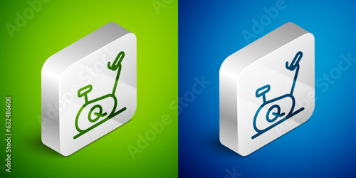 Isometric line Stationary bicycle icon isolated on green and blue background. Exercise bike. Silver square button. Vector