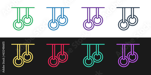Set line Gymnastic rings icon isolated on black and white background. Playground equipment with hanging rope with rings. Vector