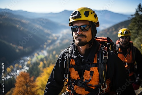 High-altitude rescue personnel use rope systems to rescue people in distress. Generated with AI