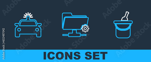 Set line Bottle of wine in bucket, Police car and flasher and FTP settings folder icon. Vector