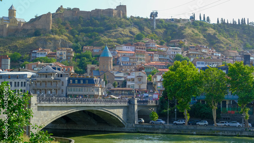 Vibrant Old Tbilisi: Colorful Mountain Buildings, Church and teleferique cable car in Exquisite Close-Up , The Architectural Detail of Old Tbilisi 