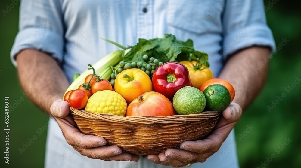 Man Holding Basket of Fruits, Farmer presenting Fresh Fruits, Healthy Food Rich in Vitamins. Generative Ai