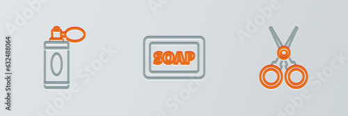 Set line Scissors hairdresser, Aftershave bottle with atomizer and Bar of soap foam icon. Vector