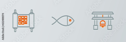 Set line Japan Gate, Decree, paper, parchment, scroll and Christian fish icon. Vector