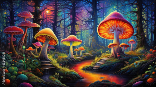 Bright colorful fantastic mushrooms in a forest clearing. Fantasy.