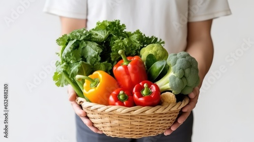 Man Holding Basket of Vegetables, Farmer Presenting Organic Vegetables, Healthy Food. Generative Ai