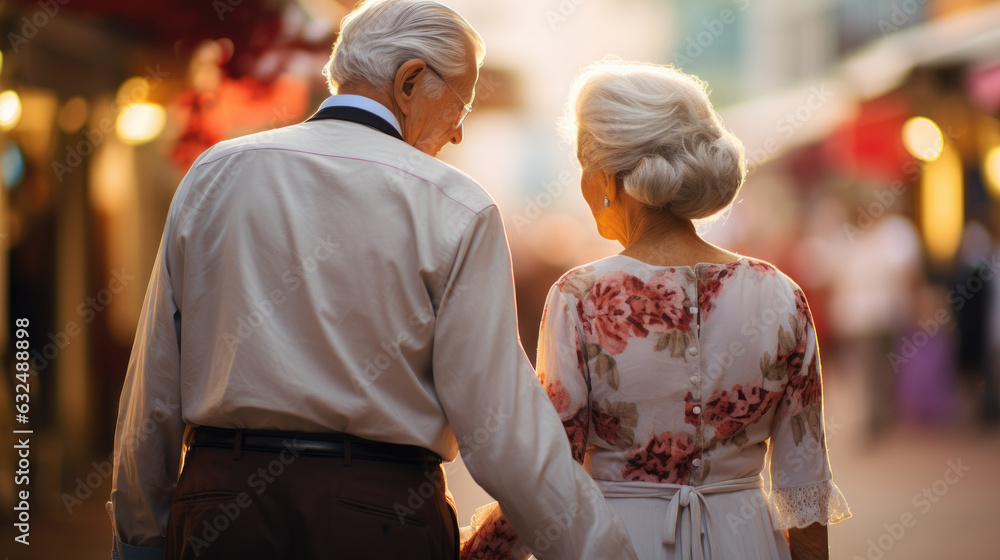 The happy Caucasian senior couple walks in a city street in the evening, journey together concept, Generative AI.