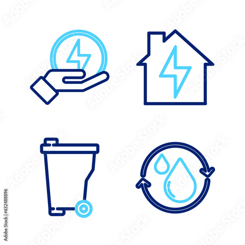 Set line Recycle clean aqua, Trash can, House and lightning and Lightning bolt icon. Vector