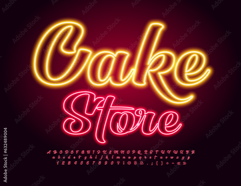 Vector neon template Cake Store. Red Glowing Font. Electric Alphabet Letters, Numbers and Symbols set