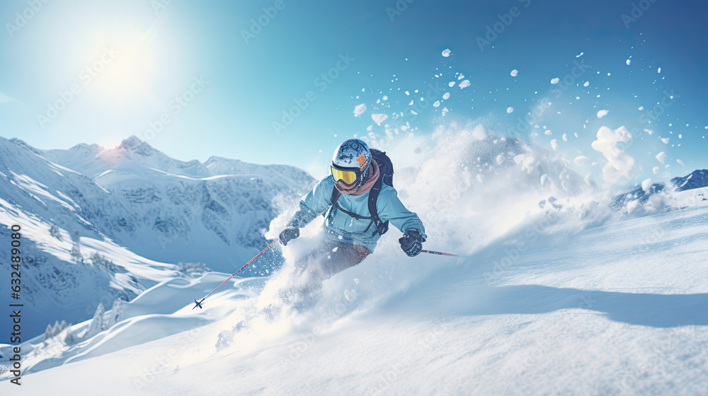 extreme skiing, skier in snowy mountains