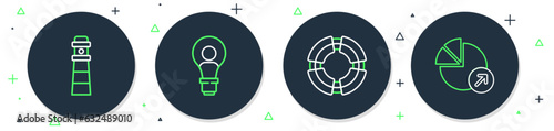 Set line Head with lamp bulb, Business lifebuoy, Lighthouse and Financial growth icon. Vector