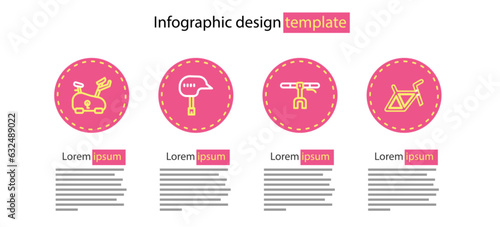 Set line Bicycle handlebar, frame, helmet and Stationary bicycle icon. Vector