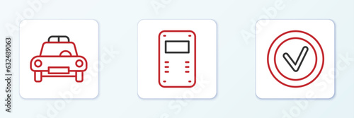 Set line Check mark in round, Police car and flasher and assault shield icon. Vector