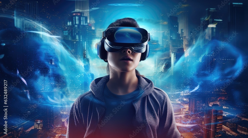 Obraz premium Experiencing virtual reality, a boy using VR goggles, Generative AI.