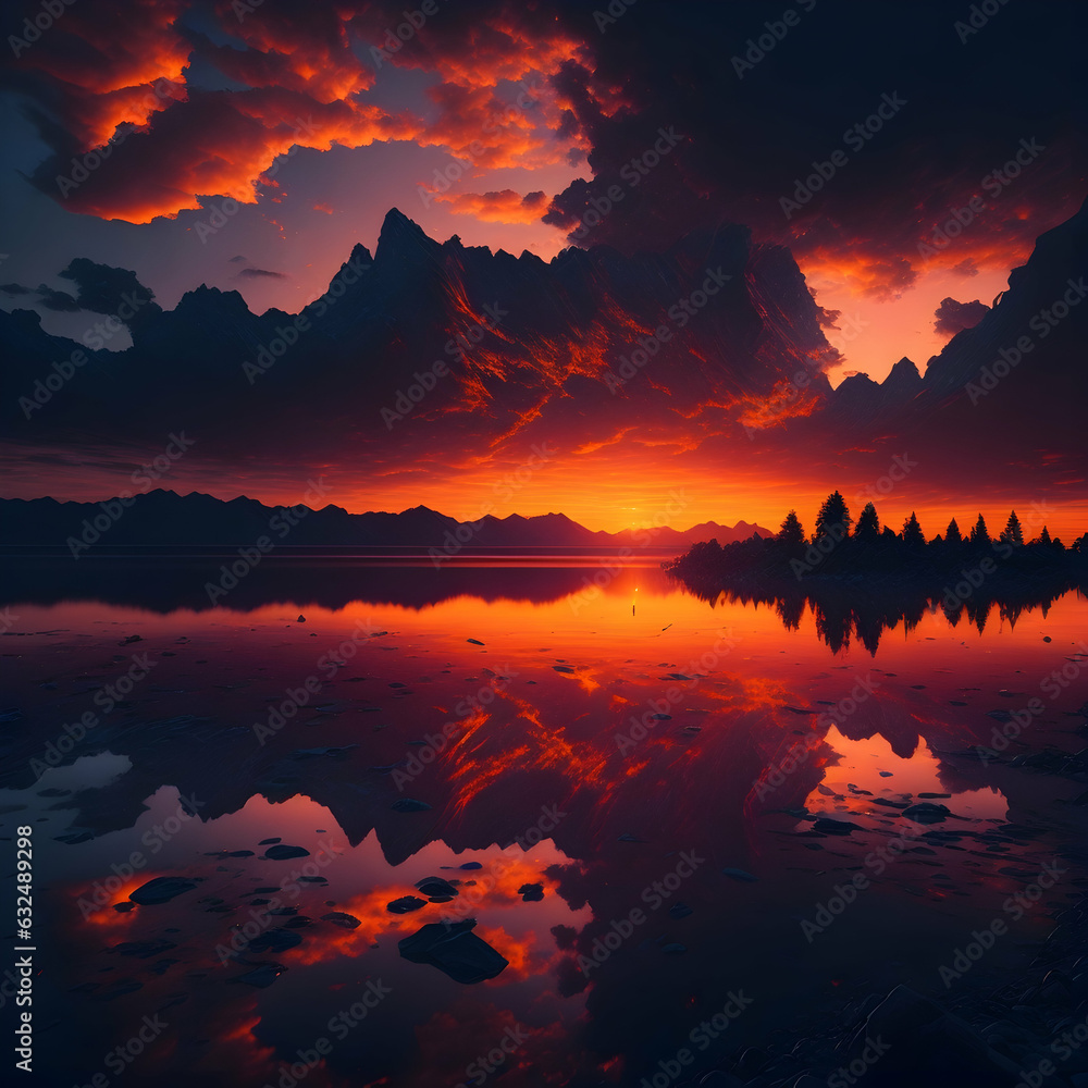 a beautiful sunset over a lake with mountains in the background, generative AI
