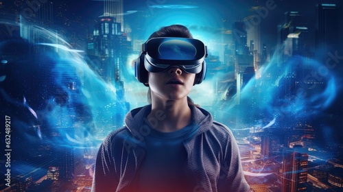 Experiencing virtual reality  a boy using VR goggles  Generative AI.