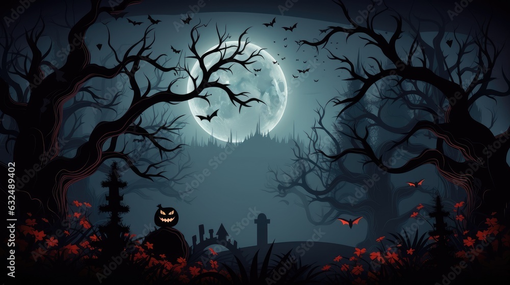 Halloween night background, Moon and bats, spooky graveyard illustration, Generative AI.