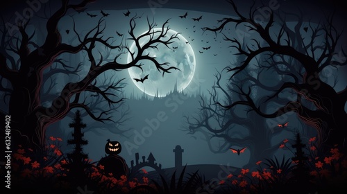 Halloween night background, Moon and bats, spooky graveyard illustration, Generative AI.