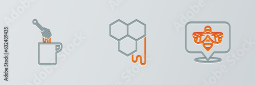 Set line Bee, Honey dipper stick with honey and Honeycomb icon. Vector