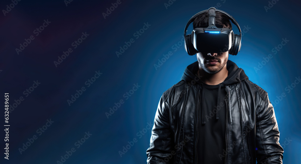 Gamer boy using futuristic VR headset, blue background, black leather jacket. Generative AI.