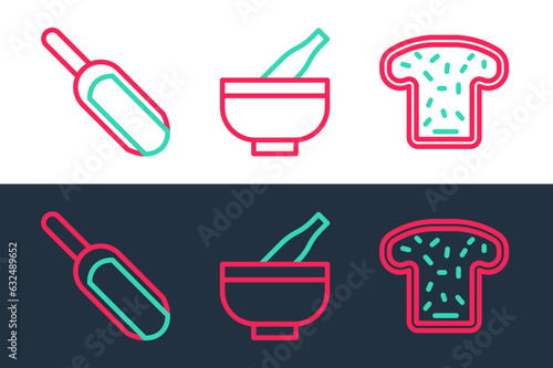 Set line Bread toast, Scoop flour and Mortar and pestle icon. Vector