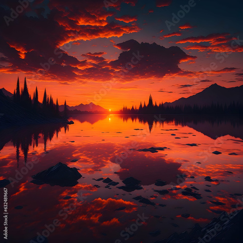 a beautiful sunset over a lake with mountains in the background, generative AI  © noah
