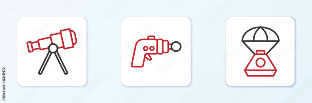 Set line Space capsule, Telescope and Ray gun icon. Vector Set line Space capsule, Telescope and Ray gun icon. Vector