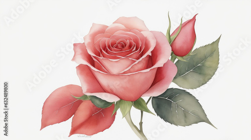 There is a rose that is painted in watercolor on a white background by Generative AI