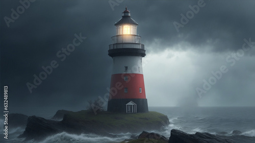 A lighthouse in the rain with a large lighthouse in the background by Generative AI