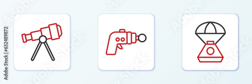 Set line Space capsule, Telescope and Ray gun icon. Vector
