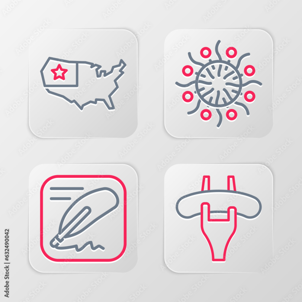 Set line Sausage on the fork, Declaration of independence, Firework and USA map icon. Vector Set line Sausage on the fork, Declaration of independence, Firework and USA map icon. Vector
