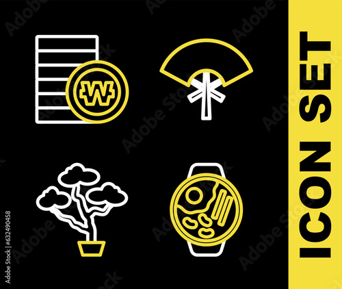 Set line Traditional fan, Ramen, Bonsai tree and South Korean won coin icon. Vector