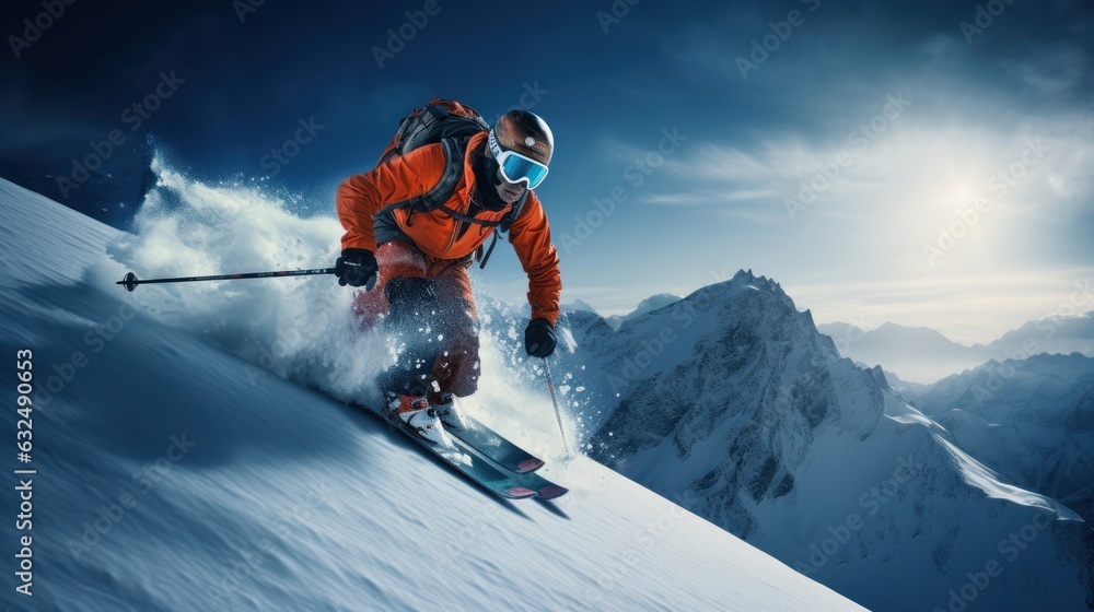 Skier Skiing on the Snow Mountain, Skiing Man Going Downhill, Extreme Winter sports. Generative Ai