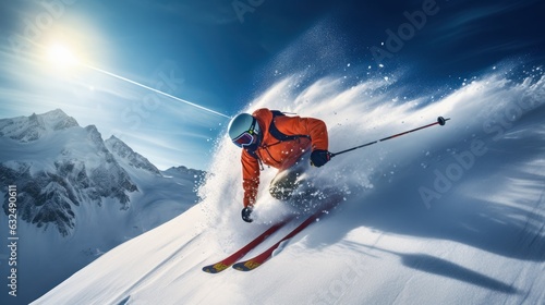 Skier Skiing on the Snow Mountain, Skiing Man Going Downhill, Extreme Winter sports. Generative Ai