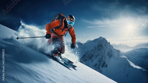 Skier Skiing on the Snow Mountain, Skiing Man Going Downhill, Extreme Winter sports. Generative Ai © CYBERUSS