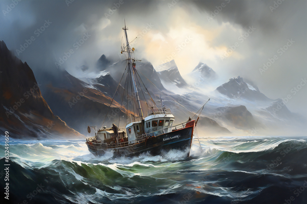 A fishing boat on the North Sea, with snowy mountains in background A fishing boat on the North Sea, with snowy mountains in background