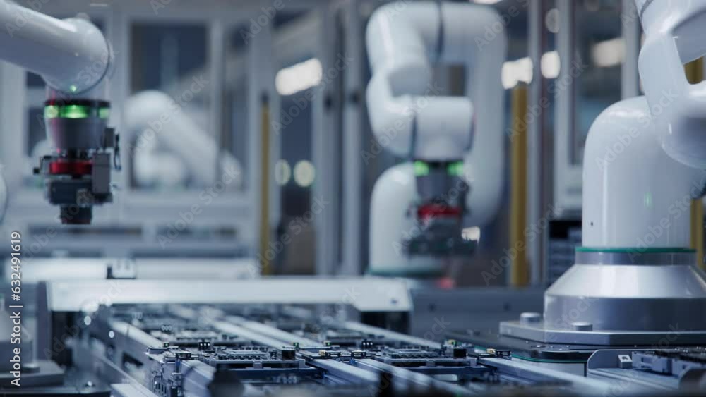 Component Installation on Circuit Board. Close-up of Conveyor with High Precision Robot Arms at Electronics Manufacturing Factory. Automated PCB Assembly Line. Semiconductor Production Industry
