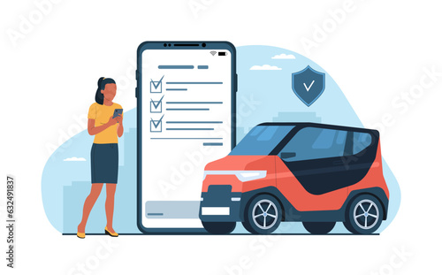 Car insurance concept. A young dark-skinned woman draws up an insurance policy for a car online on a smartphone. Vector illustration.
