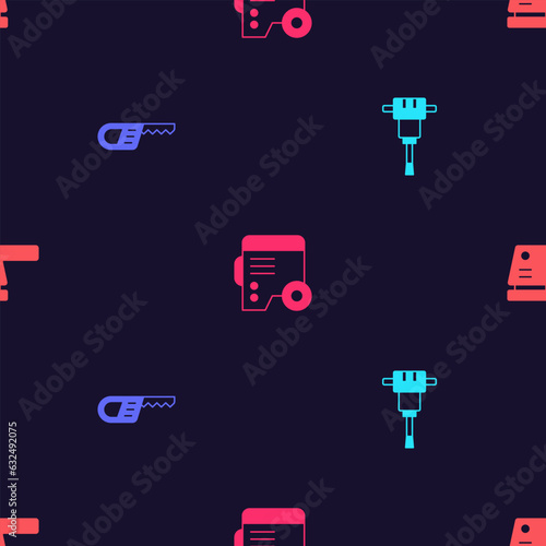 Set Construction jackhammer, Reciprocating saw, Power electric generator and Electric sander on seamless pattern. Vector
