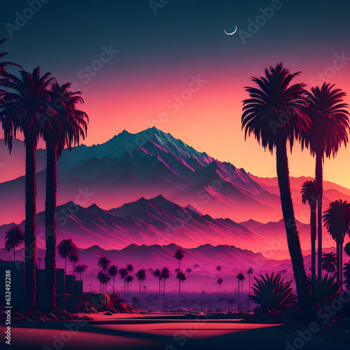 serene sunset  palm trees  mountains  and nature in captivating tropical landscape.  generative AI