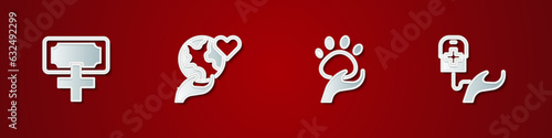 Set Donation and charity, Hand holding Earth globe, Animal volunteer and Blood donation icon. Vector