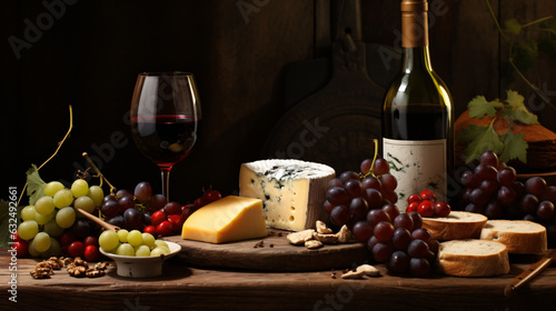 Indulge in the perfect pairing with an image of a cheese and wine pairing set. Gourmet delight as flavors harmonize, combining cheese, wine, and charcuterie in an elegant gastronomic experience.
