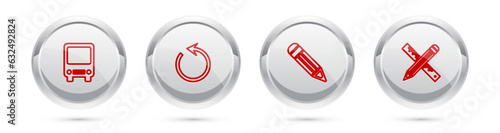 Set line Bus, Refresh, Pencil and Crossed ruler and pencil. Silver circle button. Vector