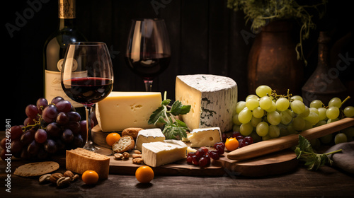 Indulge in the perfect pairing with an image of a cheese and wine pairing set. Gourmet delight as flavors harmonize, combining cheese, wine, and charcuterie in an elegant gastronomic experience.