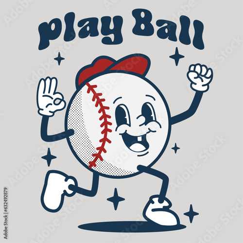 vector retro mascot baseball with text play ball character vector illustration, perfect for t-shirt design, sticker, poster, logo, badge etc