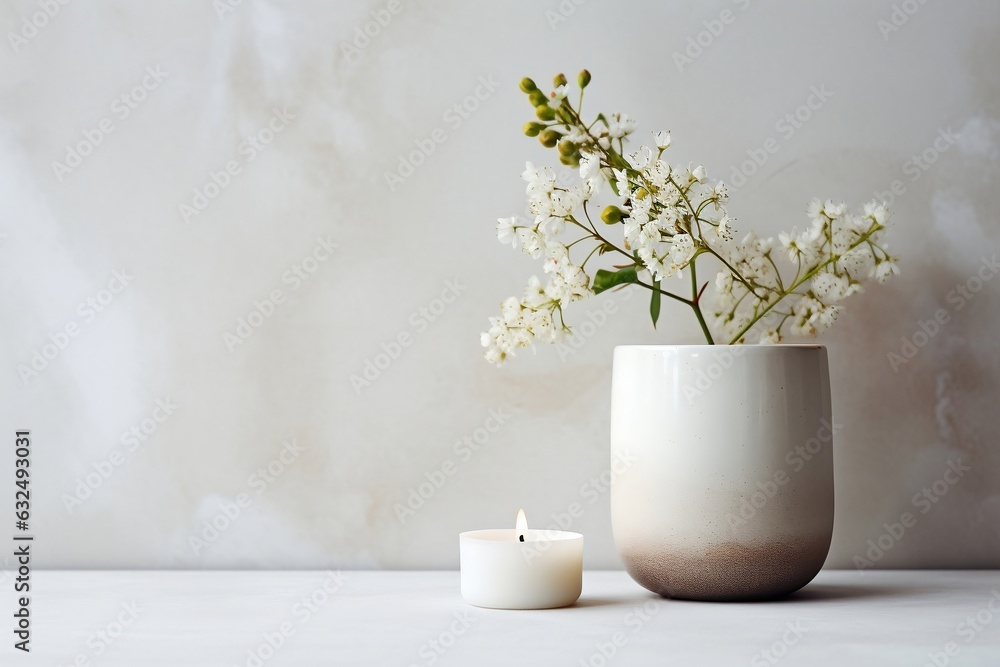 A scented candle placed on a white table adorned with vases, Generative Ai