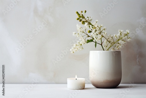 A scented candle placed on a white table adorned with vases  Generative Ai