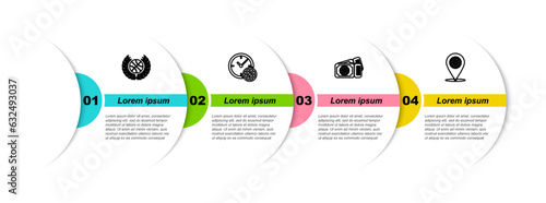 Set line Award with basketball ball, Clock, Basketball game ticket and Location. Business infographic template. Vector