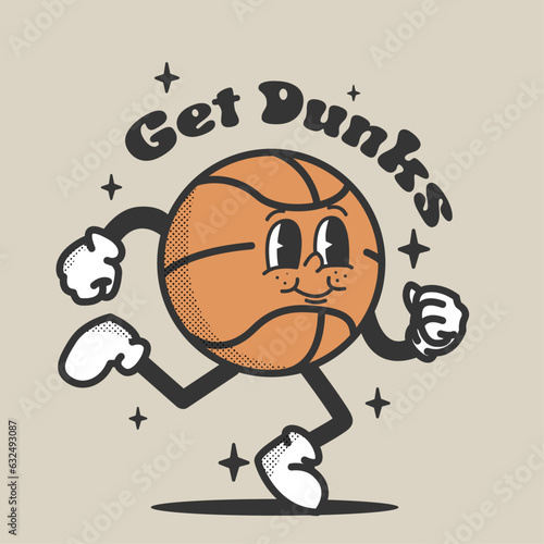 vector retro mascot basketball with text get dunks character vector illustration, perfect for t-shirt design, sticker, poster, badge and etc